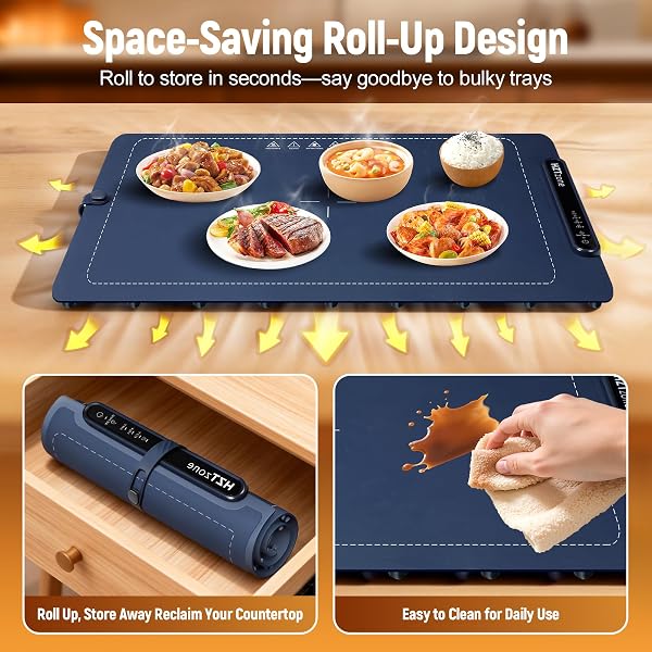 ELECTRIC WARMING TRAY FOR FOOD, 24″ X 16″ LARGE ROLLABLE SILICONE FOOD WARMER MAT WITH 3 ADJUSTABLE TEMPERATURE & CHILD LOCK, FAST 10S HEATING, PORTABLE HEAT PLATE FOR PARTY, BUFFET, SHABBAT, PIZZA