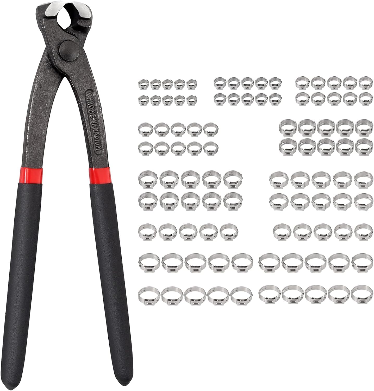 KAMTOP Hose Clip Clamp 100Pcs Hose Clamp Set, 5.8-21mm Single Ear Stepless Hose Clamps with Clamp Plier, Stainless Steel Single Ear Stepless with Plier Tool