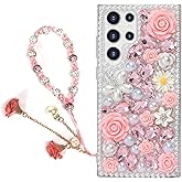 Omorro for Galaxy S25 Ultra Bling Case with Strap, Luxury Glitter Rhinestone Diamond Crystal Sparkle Rose Flower Pearl Floral Bracelets Soft Bumper Protective Case Cover for Women Girls Pink