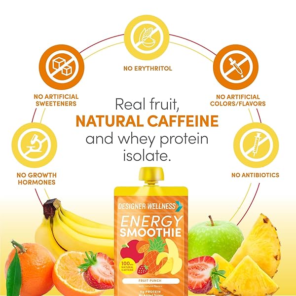 DESIGNER WELLNESS ENERGY SMOOTHIE, REAL FRUIT, 100MG NATURAL CAFFEINE, 5G PROTEIN, LOW CARB, ZERO ADDED SUGAR, GLUTEN-FREE, FRUIT PUNCH, 12 COUNT