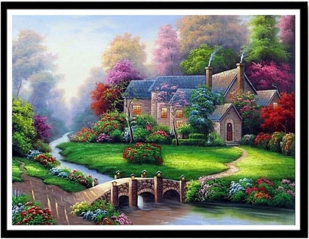 KEATTL DIY 5D Diamond Painting Number Kits, Forest Cottage Crystal Rhinestone Diamond Embroidery Paintings Pictures Arts Craft Home Wall Decor