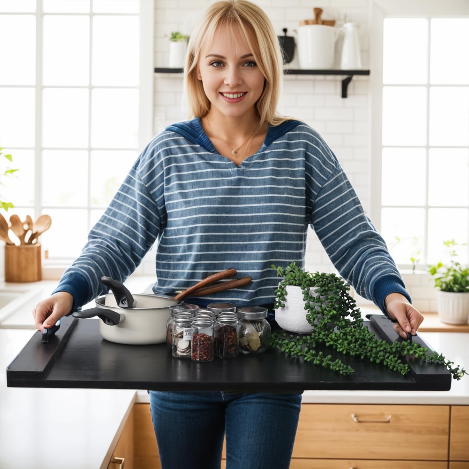 SwallowLiving Wood Noodle Board Stove Cover with Handles, Wooden Stovetop Cover Board for Gas Stove and Electric Stove Top,Kitchen Sink Cover for Counter Space, Cutting Board, Black