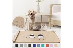 ZIRWTI Pet Feeding Mat, 36''x 24'' Large Silicone Dog Food Mat with Residue Collection Pocket, Waterproof Cat Bowl Mats for Food and Water with Edge and Hook, Tray for Bowls, Beige