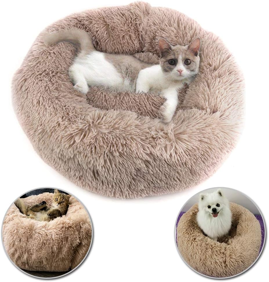 Donut Dog Bed Clearance,24'' Faux Fur Puppy Bed,Round Calming Cuddler Bed for Small Medium Cats or Dogs,Self Warming Indoor Fluffy Luxurious Plush Cushion Pillow Sofa for Pet Up to 20lbs (Brown)