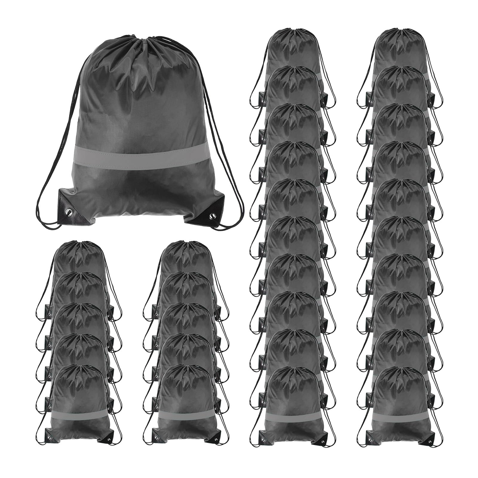 PATIKIL Drawstring Backpack Bulk 30 Pack 210D Polyester Cinch Sack Draw String Bags with Reflective Strips for DIY Women Men Gym Sport Travel Party, Grey (17" x 13.4")