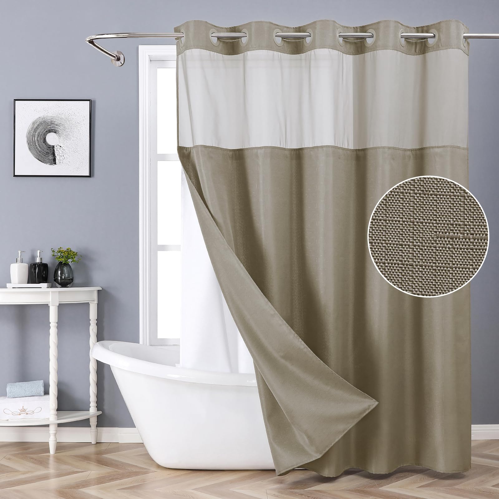 Photo 1 of eachope No Hook Shower Curtain with Snap-in Fabric Liner Set,Slub Textured Fabric Shower Curtains for Bathroom,Hotel Style Modern Shower Curtain,Water Repellent & Washable,71x77(75),Tan/Khaki