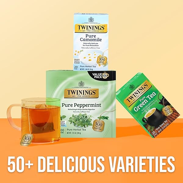 TWININGS PURE PEPPERMINT HERBAL TEA INDIVIDUALLY WRAPPED BAGS, 100 COUNT (PACK OF 1), FRESH MINTY FLAVOUR, NATURALLY CAFFEINE-FREE, ENJOY HOT OR ICED, 100 TEABAGS