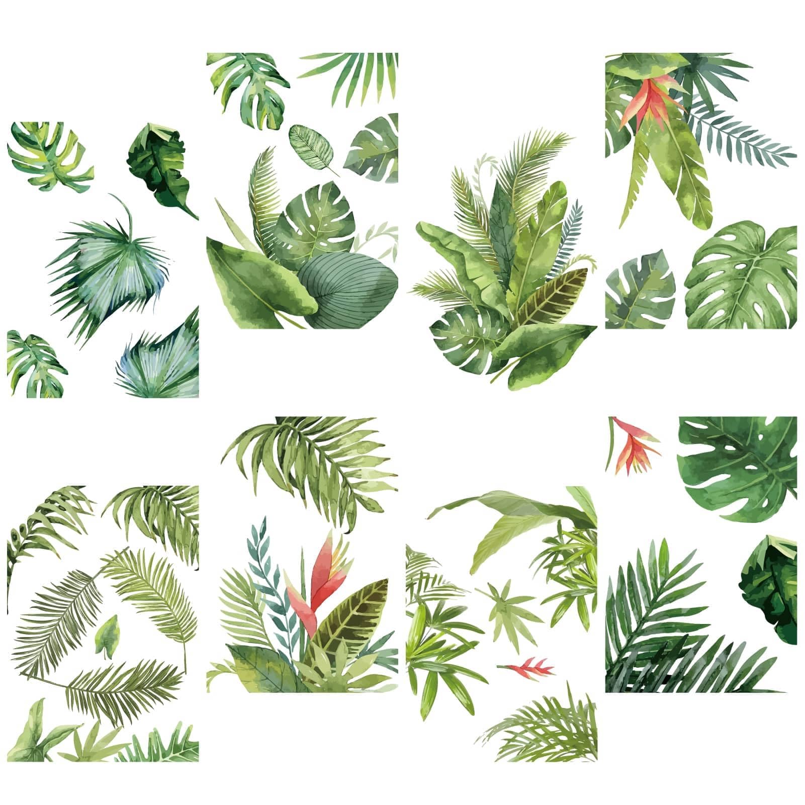 CRASPIRE 8 Sheets Tropical Leaves Window Decals Stickers Green Nature Palm Leaf Tree Plants Waterproof Self Adhesive Peel and Stick Vinyl Wall Clings for Bathroom Bedroom Living Room Decorations