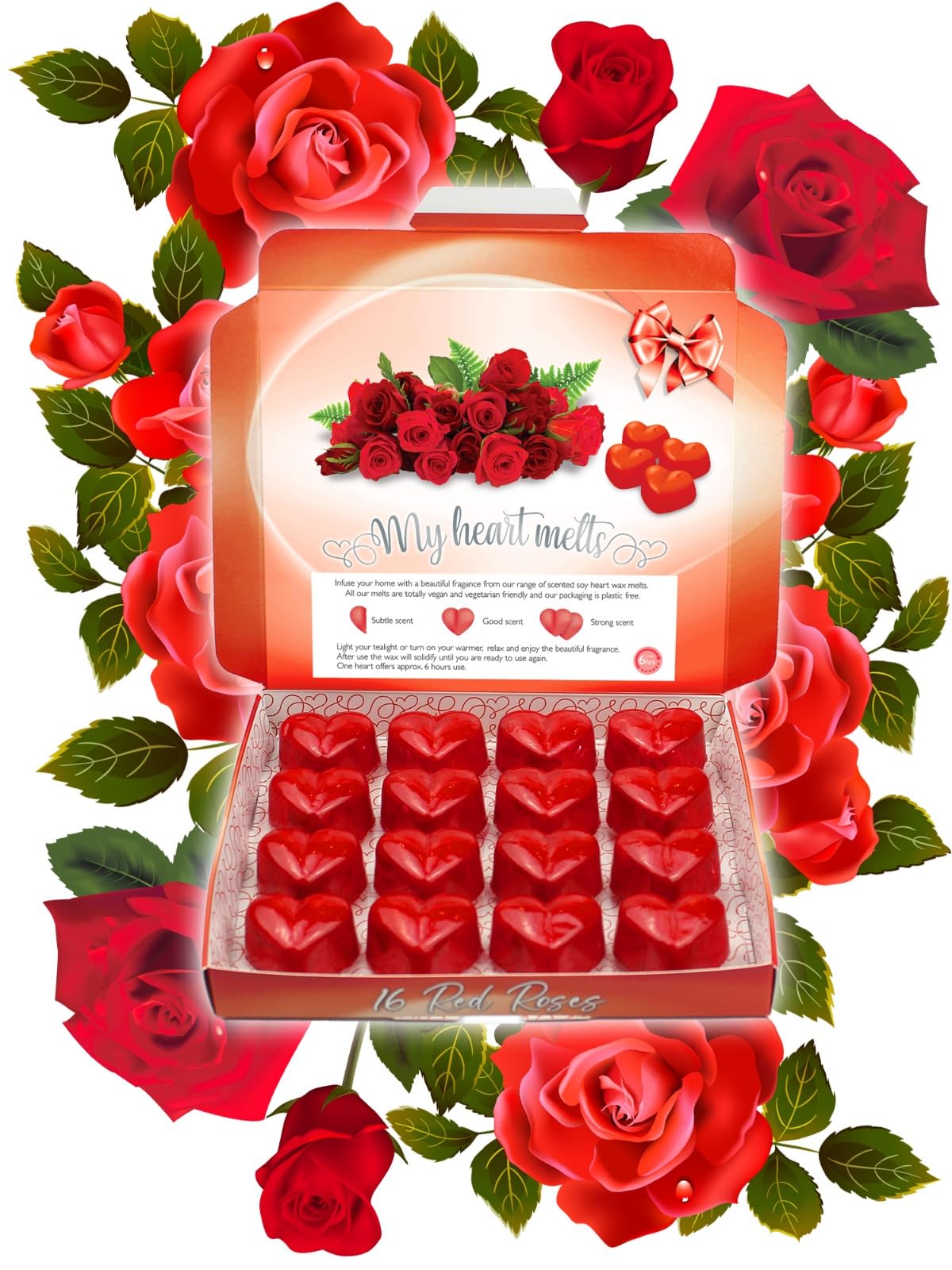 Red Roses Wax Melts: 16 x 5 g Heart Shaped Valentines Gifts for Her or Him, Vegan Friendly, Romantic Anniversary Presents, Valentine Candle Alternative