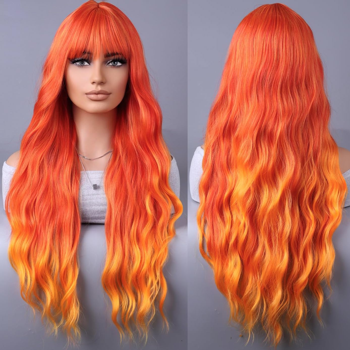 YEESHEDO Long Hair Wigs for Women Natural Wavy Curly Synthetic Wigs with Fringe Organge Fire Wig for Party Cosplay or Daily 28 Inches