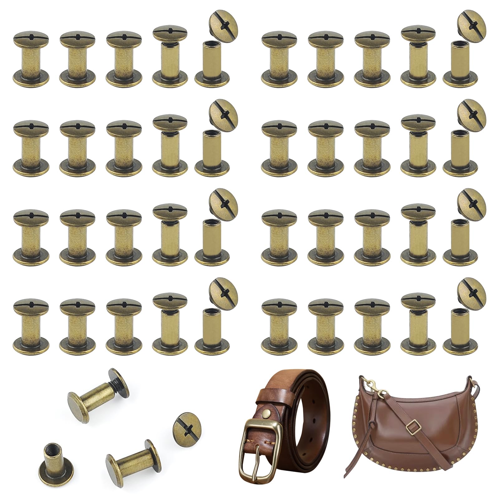 JJWNMLL 80 Sets Chicago Screw Posts M5*10mm, Rivet Chicago Binding Screws, Metal Rivet Replacement Repair for Bags, Collar, Harness, Luggage, Purse, Dog Lead, Backpack, Belt - Bronze