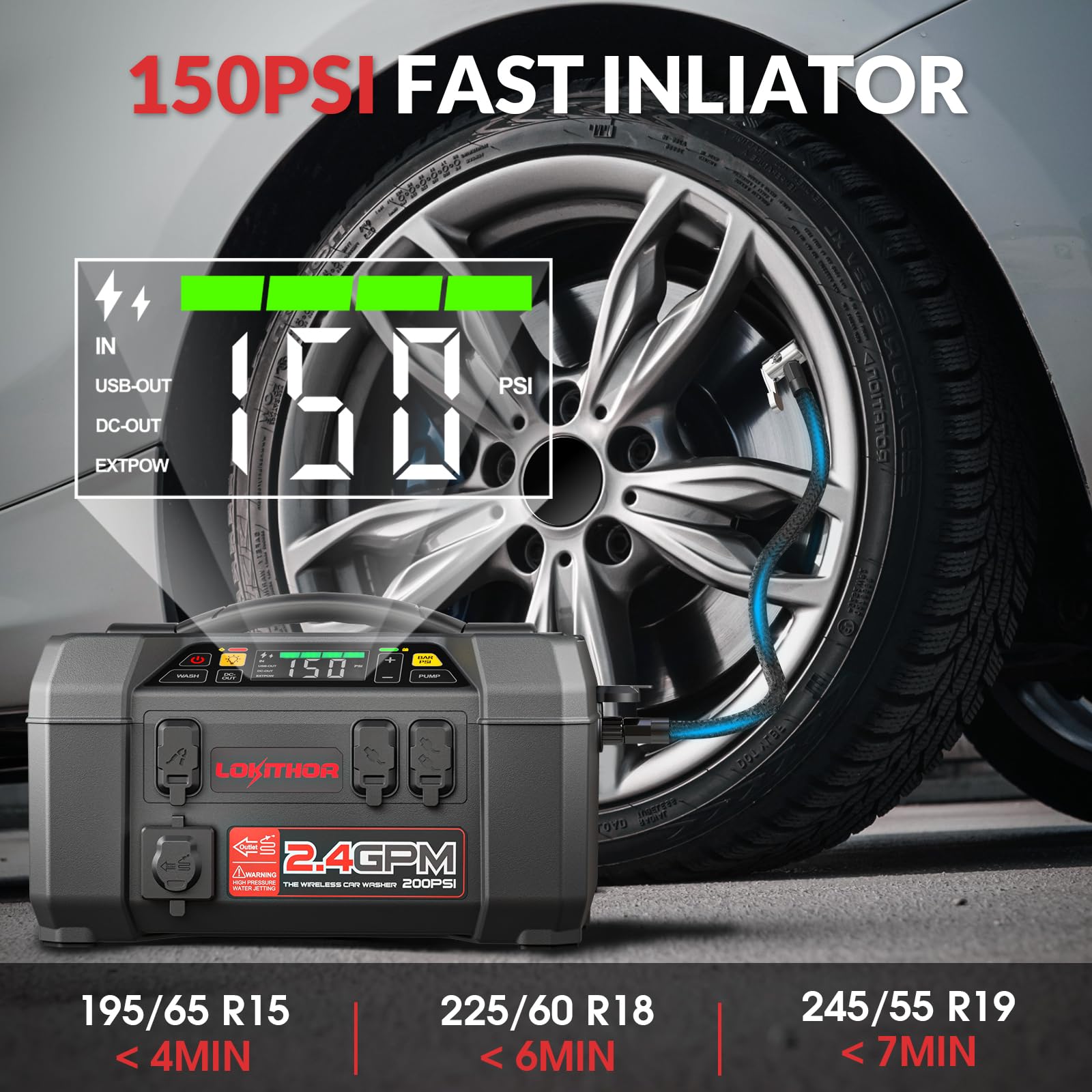 LOKITHOR AW401 5-in-1 Multi-Function Emergency Tool, 2500A Jump Starter + Cordless Air Compressor + Multi-use Pressure Washer + LED Light + Portable Power Bank, for Car Recovery, Camping & Travel