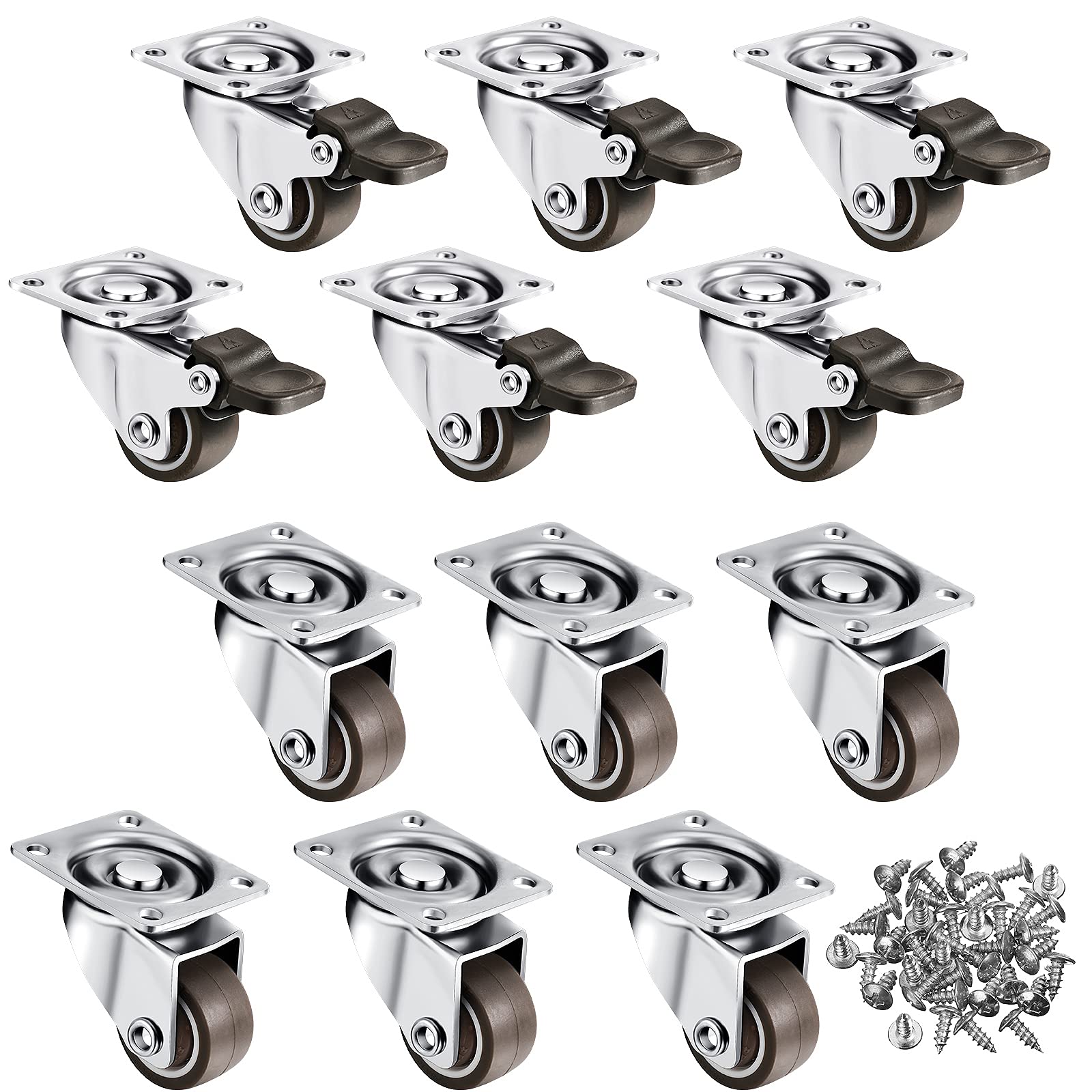 Photo 1 of 12 Pieces 1 Inch Low Profile Casters Wheels Soft Rubber Swivel Caster Small Silent Casters with 360 Degree Top Plate and 50 Screws (6 with Brakes and 6 Without)