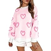 Saodimallsu Womens Heart Sweater Valentines Oversized Cute Winter Chunky Knit Crew Neck Side Slit Pullover Sweaters