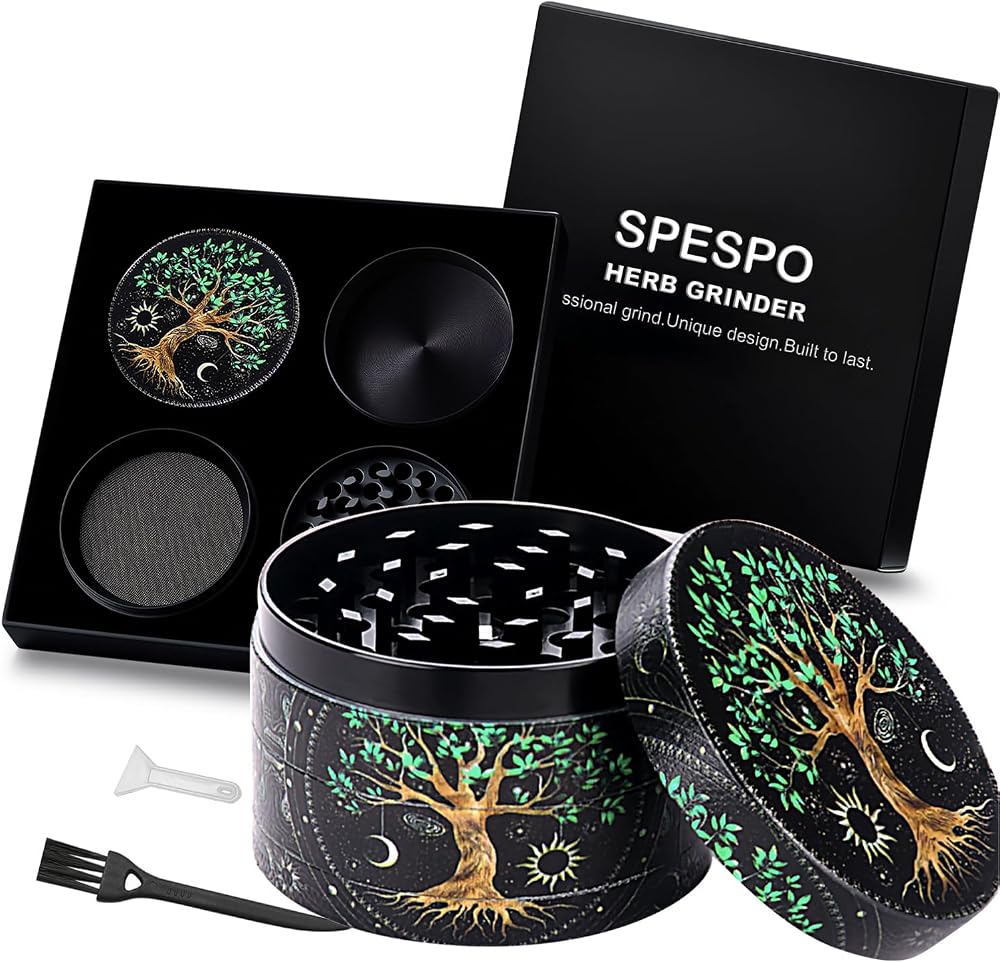Spespo 63mm 2.5 inch Metal Herb Spice Grinder 4 Layer Tree Design Pollen Scraper