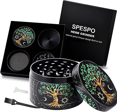 Spespo 63mm 2.5 inch Metal Herb Spice Grinder 4 Layer Tree Design Pollen Scraper