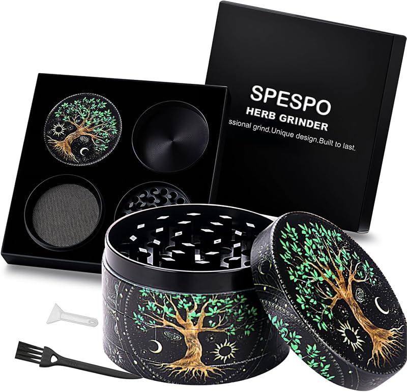 Spespo 63mm 2.5 inch Metal Herb Spice Grinder 4 Layer Tree Design Pollen Scraper