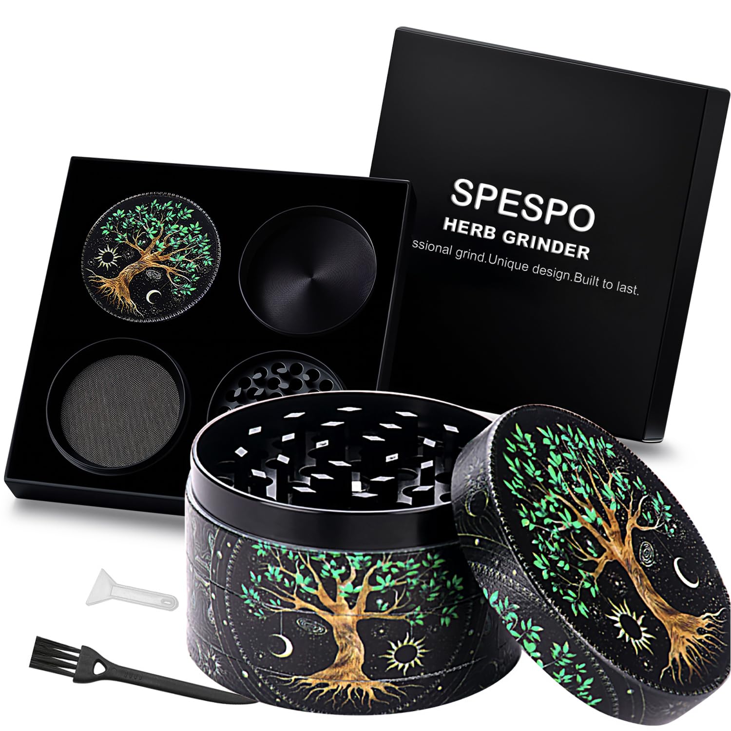 Spespo Herb Grinders, Large Spice Grinder 63mm(2.5 inch),4 Layers Full Color Painting Metal Grinder with Pollen Scraper (Tree Design)