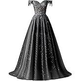 wayfor Off Shoulder Beaded Prom Dresses Sparkly Tulle Ball Gown Flowy A Line Formal Evening Dress