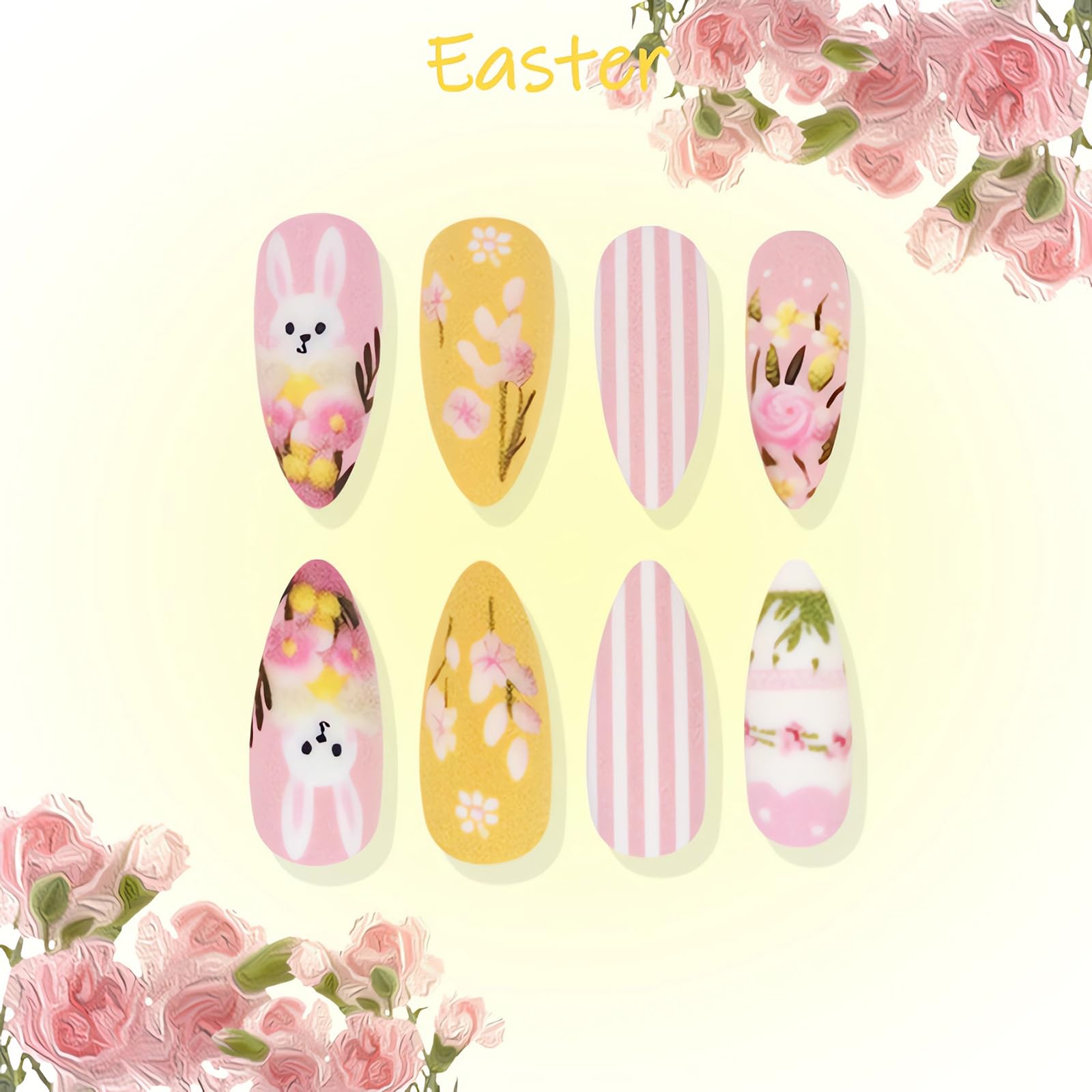 Easter Press on Nails Almond Medium Fake Nails with Cute Bunny Flower Designs Spring Acrylic Glue on Nails Easter Day Manicure False Nails Cute Stick on Nails for Women Nail Art Decoration 24Pcs - Image 4