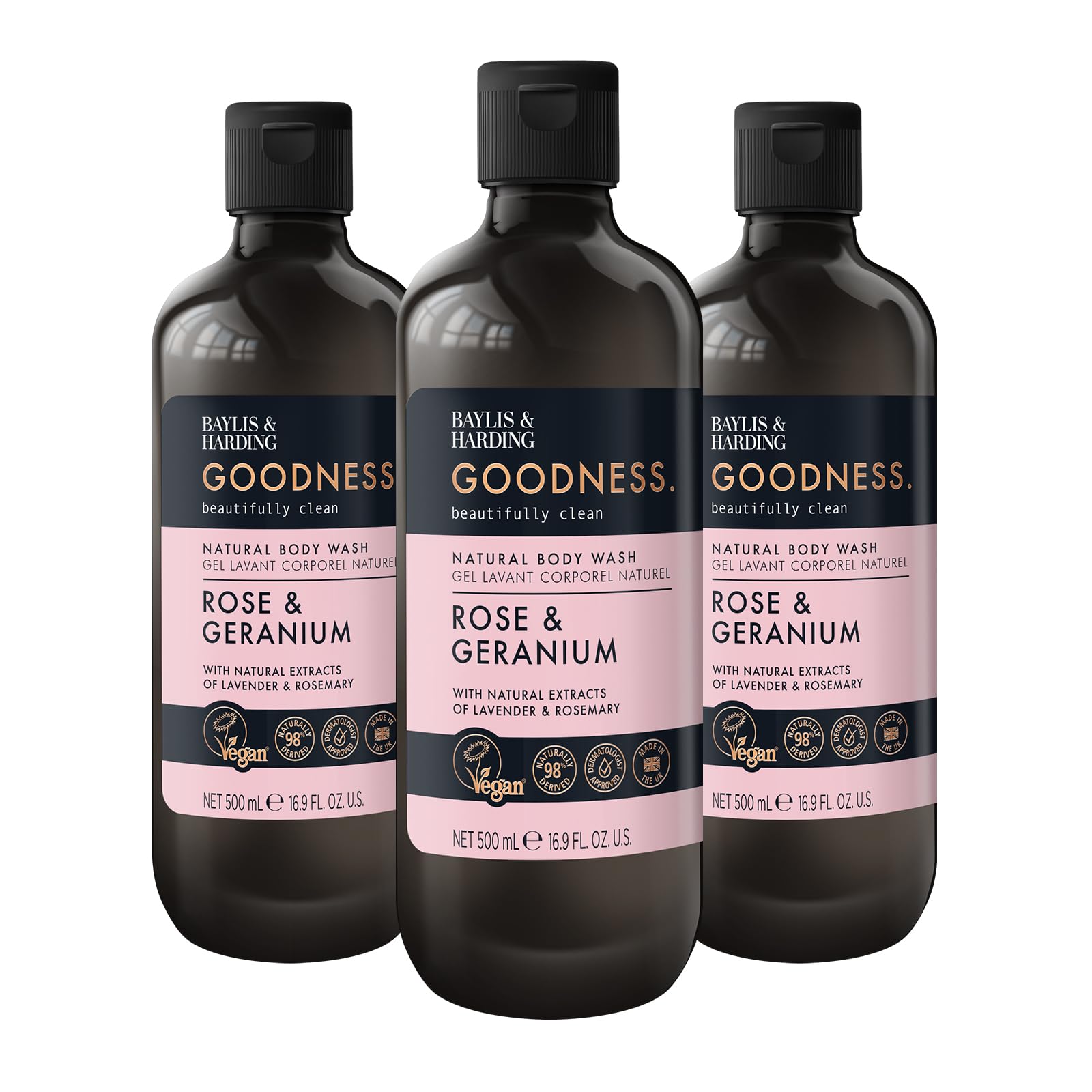 Baylis & Harding Goodness Rose & Geranium Natural Body Wash, 500 ml (Pack of 3) - Vegan Friendly โ image 1
