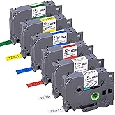 JOJOME 6-Pack Replacement for Brother P Touch Label Tape TZe-231 131 431 531 631 731 12mm 0.47 Laminated Label Maker Tape Multi-Color for PT-D210 H110 D220 D410 D600, Clear/White/Red/Blue/Yellow/Green