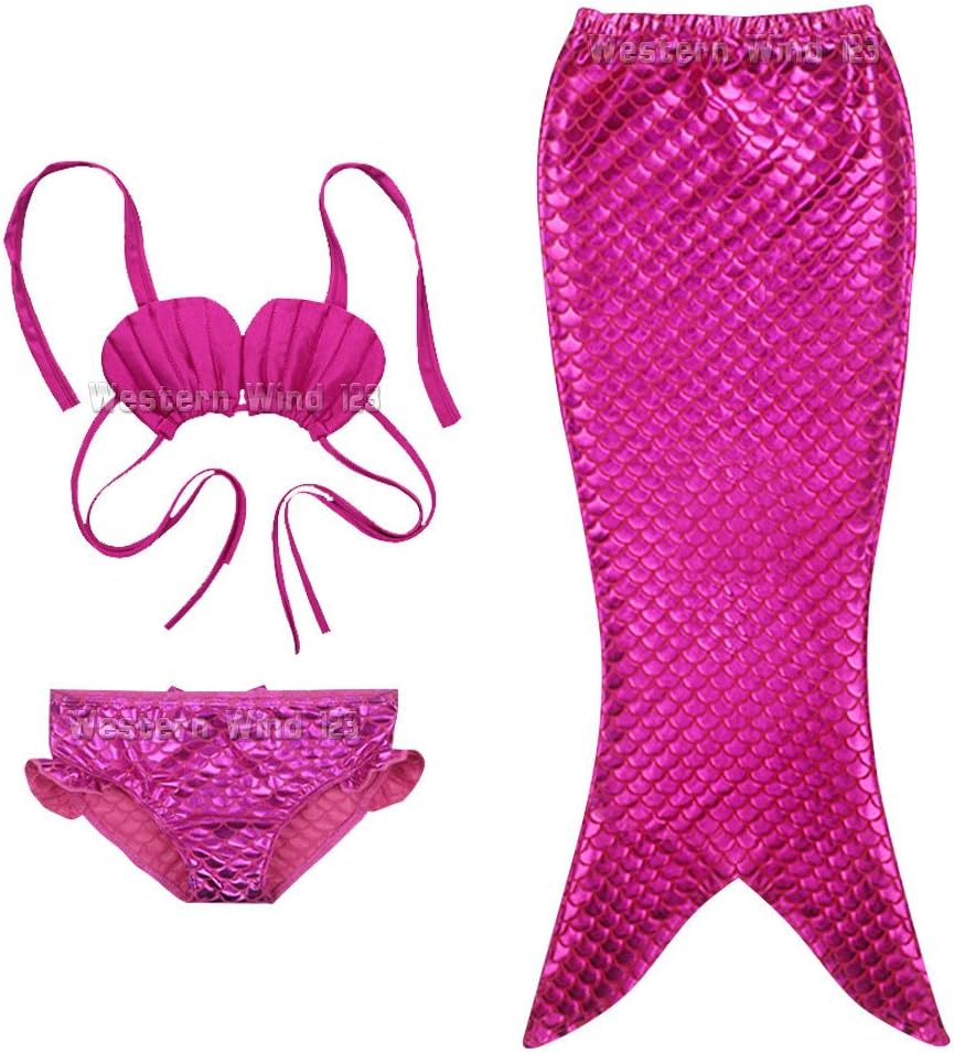 wocharm Mermaid Tail Costume Childs Swimwear Swimsuit 3 Pieces Bikini Set for Kids Girl 100-140cm Rainbow Yellow Blue (110cm, Rose Red)