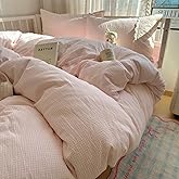 VM VOUGEMARKET Pink Duvet Cover with White Lace Twin Kids Pink Plaid Gingham Duvet Cover Set for Girl's College Dorm Soft Lightweight Cozy Bedding Set