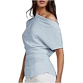 Floerns Women's One Shoulder Linen Tops Asymmetric Ruched Waist Dressy Casual Tops