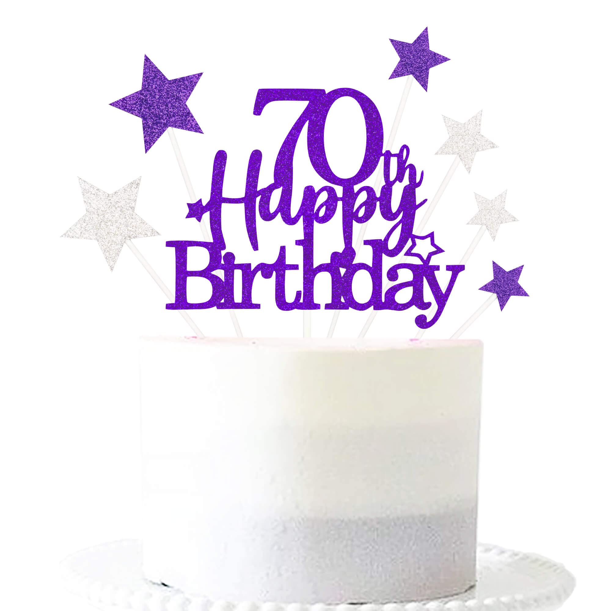 Glittery 70th Happy Birthday Cake Topper with Star,Personalised 70 Birthday Cake Toppers Party Decorations Party Supplies for Men Women Purple Silver