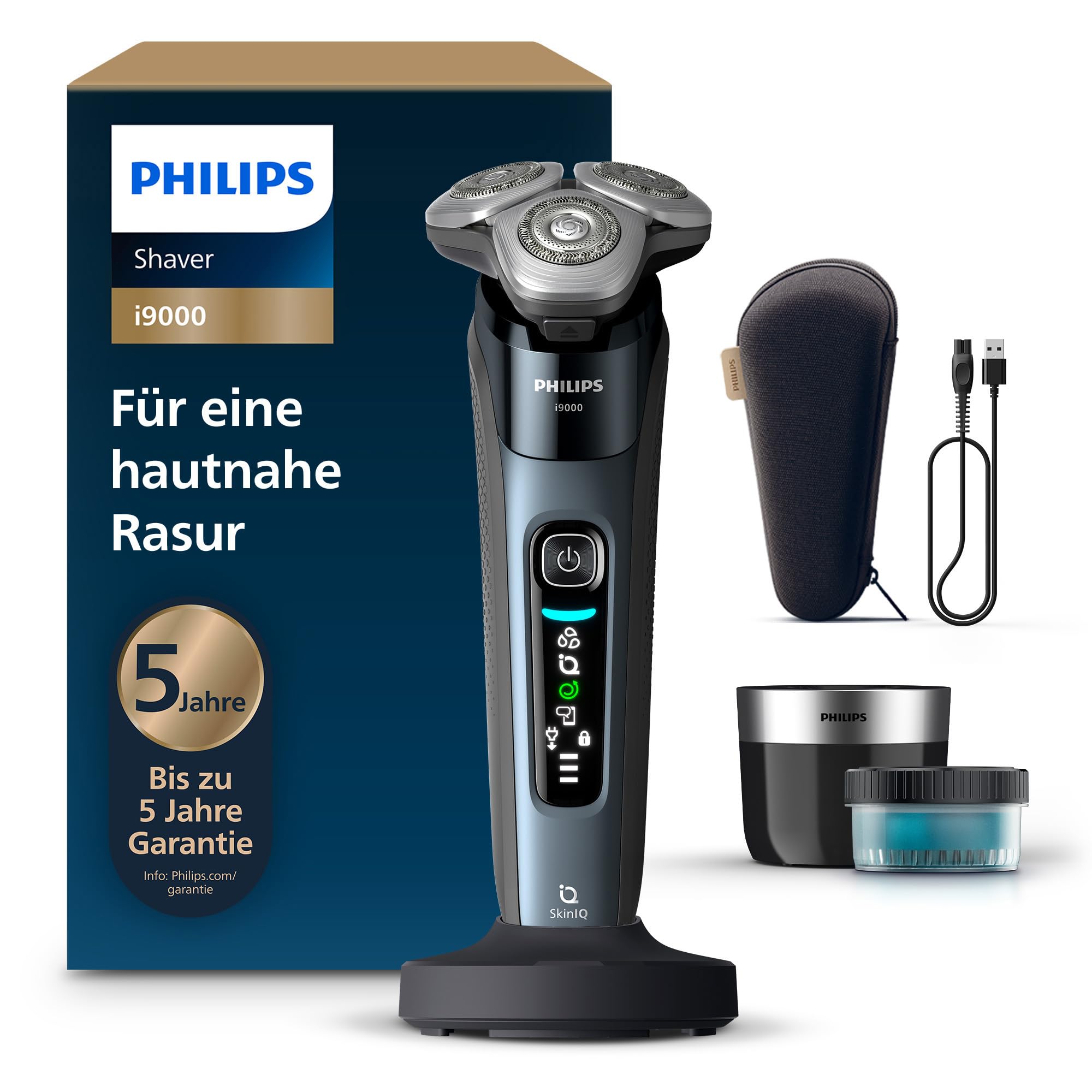 Philips Rasierer i9000, Elektrischer Nass-und Trockenrasierer für Herren mit integriertem Trimmer, taubenblau, Reinigungsstaion, Ladestation und Reiseetui (Modell X9001/30)