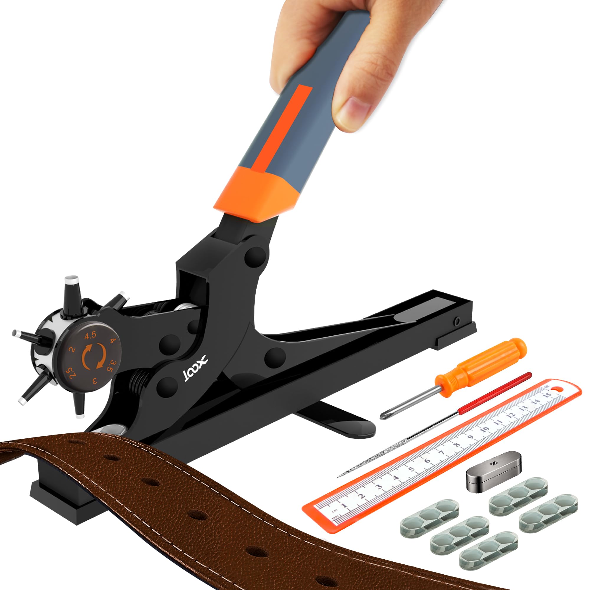 Photo 1 of XOOL Revolving Punch Plier Kit, Leather Hole Punch Set for Belts, Watch Bands, Straps, Dog Collars, Saddles, Shoes, Fabric, DIY Home or Craft Projects, Heavy Duty Rotary Puncher, Multi Hole Sizes Make