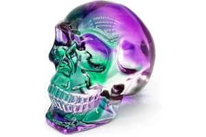 FZBHRO Crystal Skull Head Statues Clear Skull Figurines K9 Glass Skull Gemstone Halloween Decor Gifts for Women Plating Green Purple 2.8"