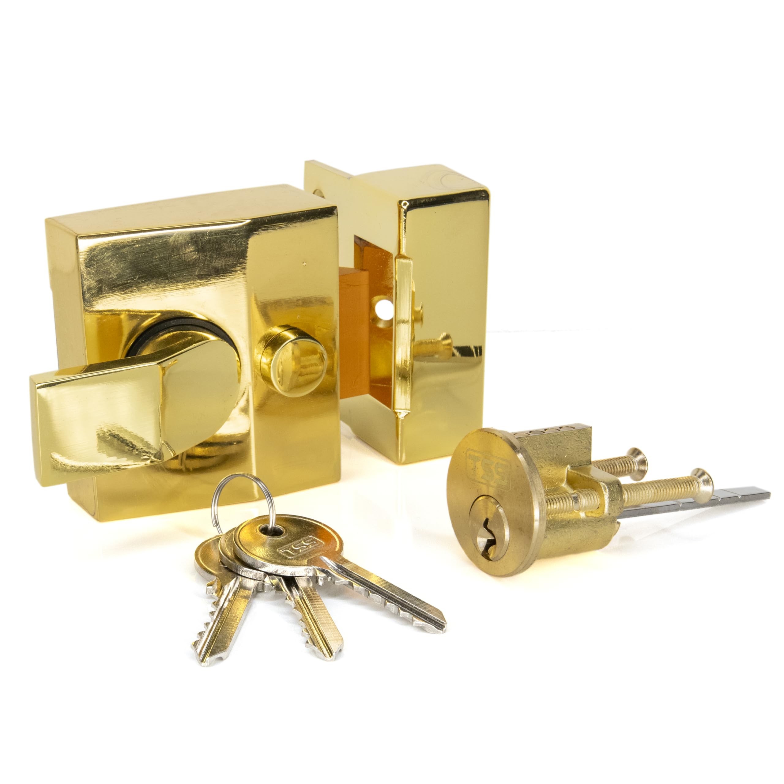 TSS Modern Non-Deadlocking Nightlatch, 40mm Backset, Complete with Rim Cylinder Lock Supplied with 3 Keys. External Door Lock for Front Door and Back Door (Polished Brass Lock/Brass Cylinder)