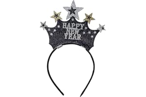 NEEDZO Happy New Year Headband with Star Boppers and Silver Tone Tinsel, 10 Inch