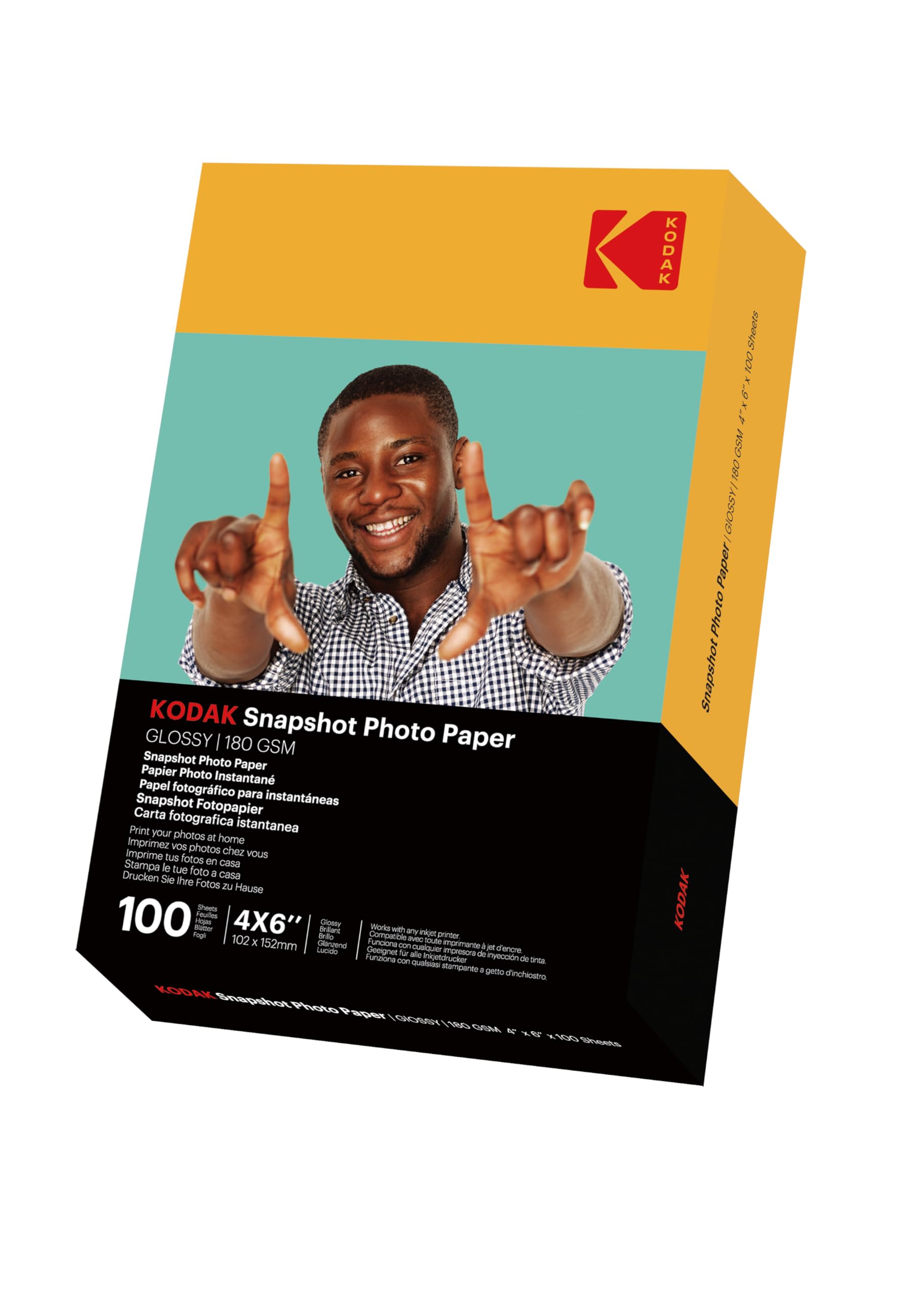 KODAK Snapshot Photo Paper - Instant Photo Paper, Glossy Finish, Pack of 100 Sheets, 102 x 152mm, 180 gsm, Compatible with Inkjet Printers