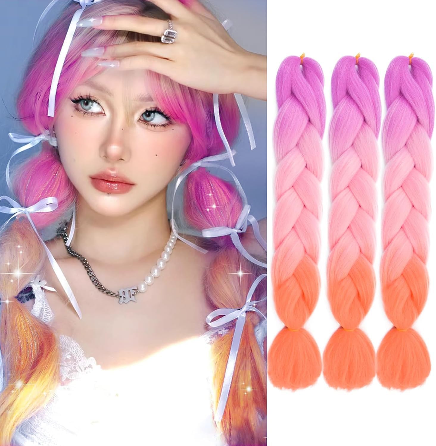 FANWYFYU Ombre Braiding Hair Extensions, 3Pack/Lot High Temperature Synthetic 24inch Pre Stretched Hair, for Box Braids (Purple-Pink-Orange) — image 1