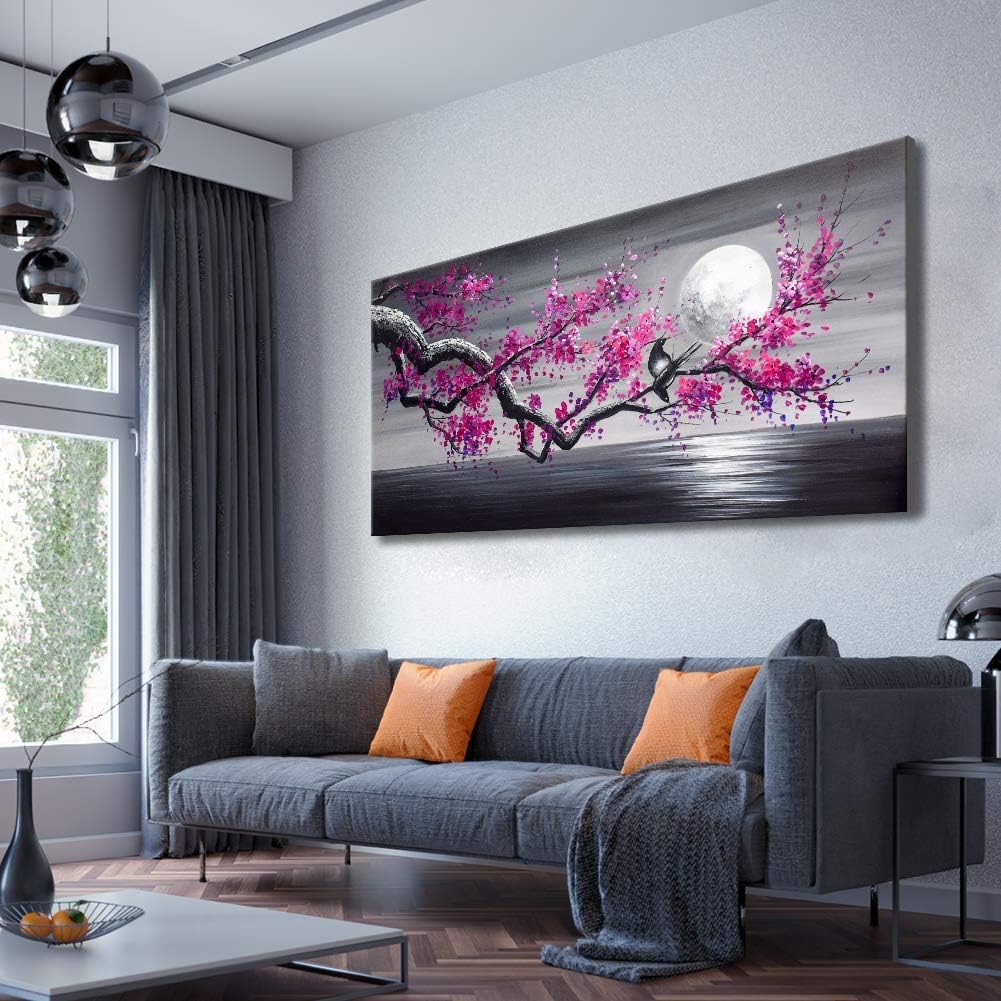 Paintings - Framed Plum Blossom Tree Oil Painting Purple Flower Canvas Wall Art Large Gallery Wrapped Black and White Floral Landscape Pictures Living Room Home Decoration Office 24x48 inches