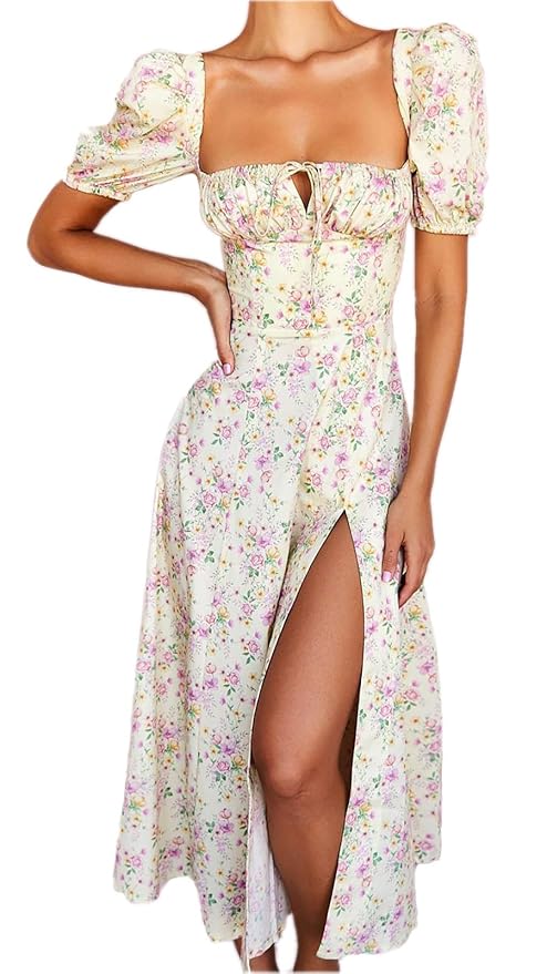 parthea puff sleeve high split floral print dress