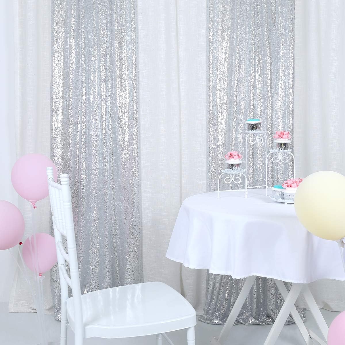 Helaku Sequin Backdrop Silver Sequin Backdrop 8Ft Sequin Backdrop, 2 Panels 2.5x8FT