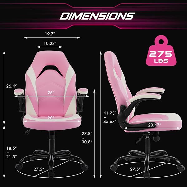 SWEETCRISPY COMPUTER GAMING DESK CHAIR – ERGONOMIC LUMBAR SUPPORT EXECUTIVE WITH PU LEATHER AND FLIP-UP ARMREST, HEIGHT ADJUSTABLE WITH 360° SWIVEL WHEELS, PINK WHITE, FOR HOME AND OFFICE