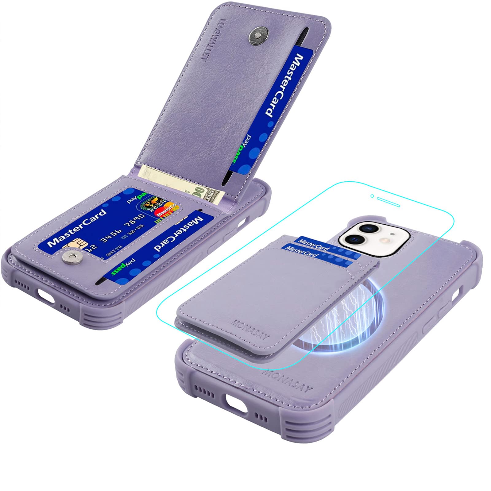Photo 1 of MONASAY Magwallet Case Fit for iPhone 12 Pro/12, [Support MagSafe Wireless Charging][Glass Screen Protector] Flip Magnetic Leather Wallet Phone Cover with Detachable Card Holder, Light Purple