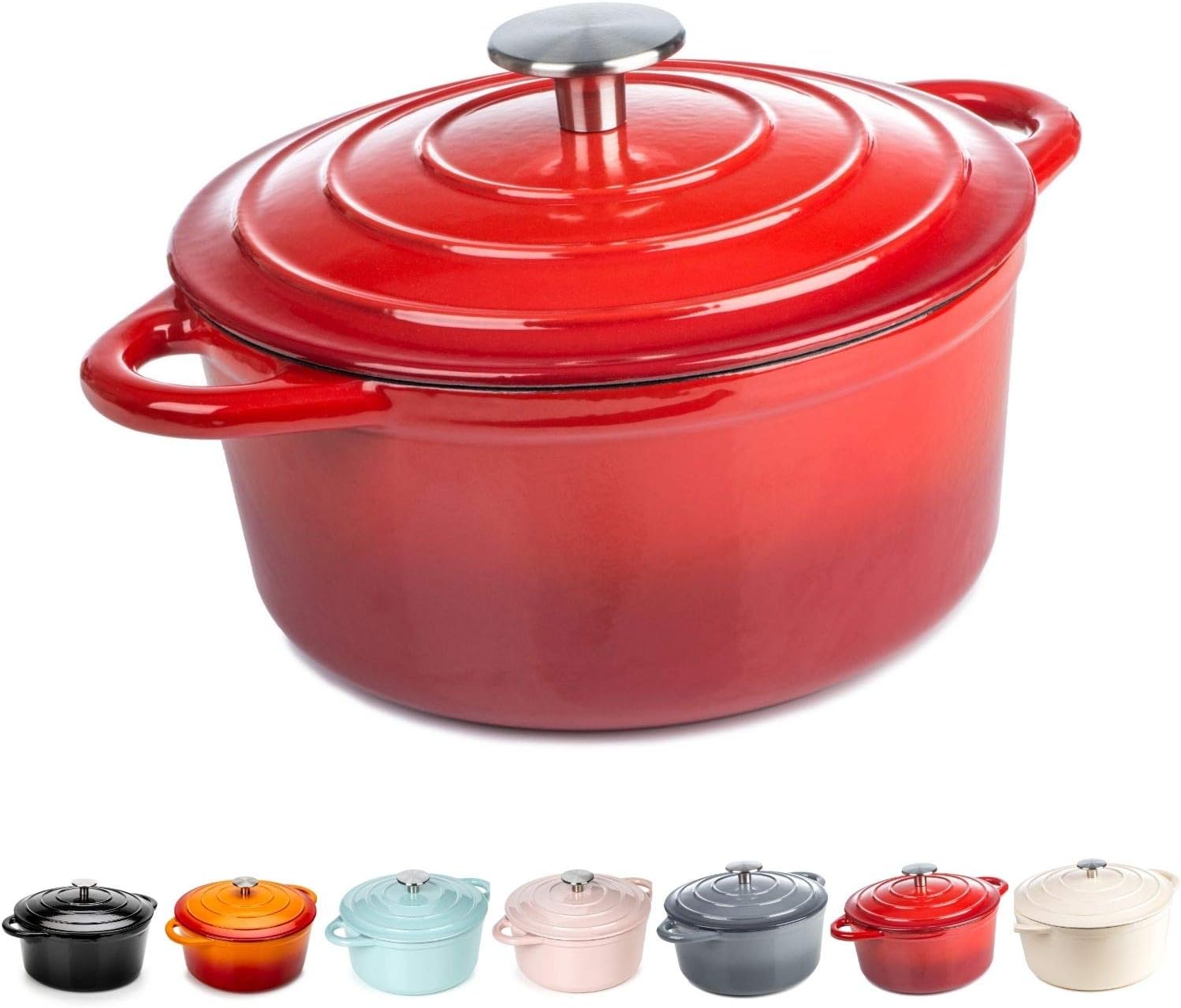 Round Casserole Dish, Cast Iron Ceramic Induction and Gas Safe Dutch Oven Roasting Cooker, with Lid
