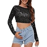 Sequin Crop Top Long Sleeve Sequin Top Sparkle Crop Top for Disco Rave Concert Party