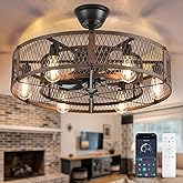 Depuley Outdoor Ceiling Fan with Light: 26" Caged Ceiling Fans with Remote App Control for Patio Kitchen Bedroom - Farmhouse 