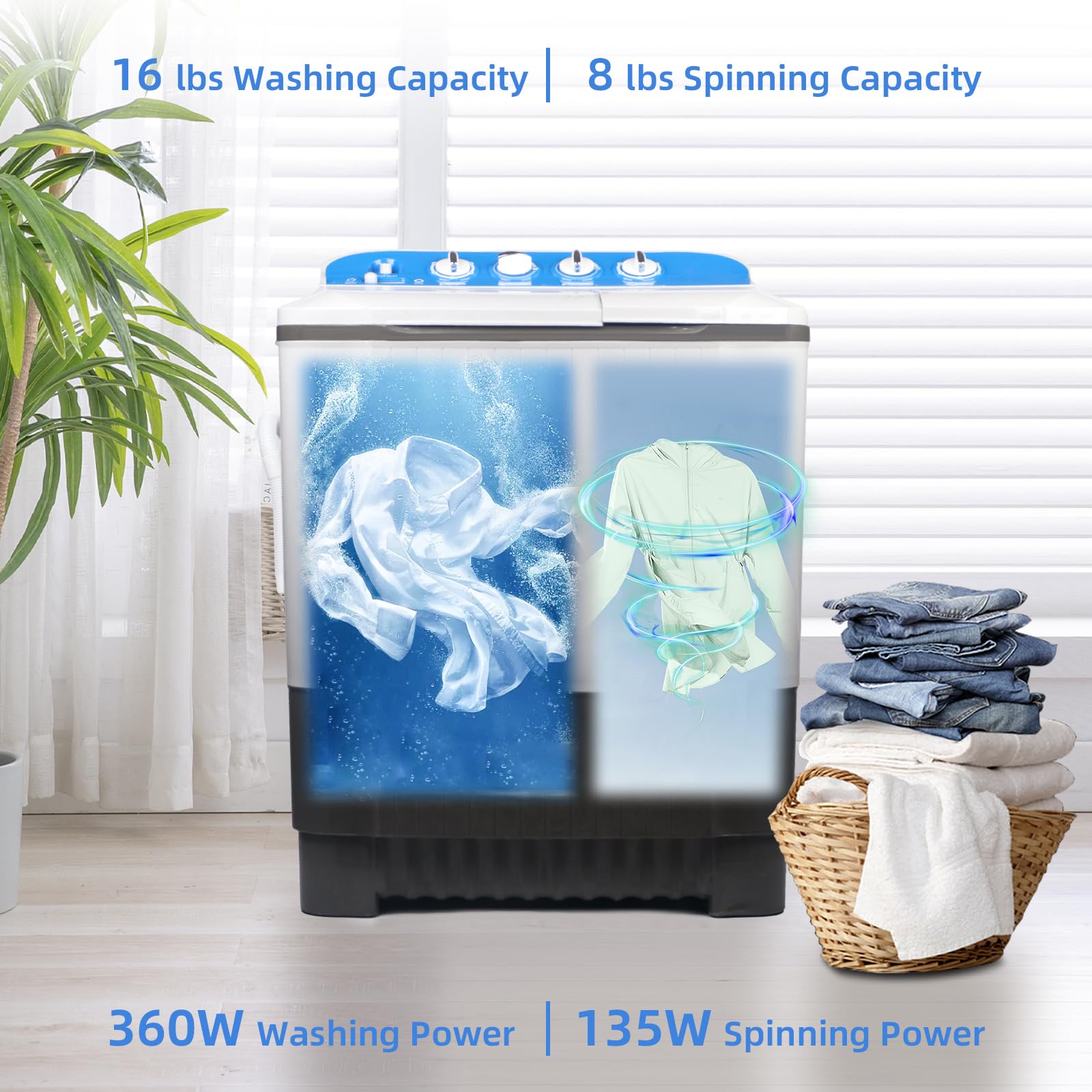 Portable Washing Machine 32lbs Portable Washer and Dryer, Washer(22Lbs) and Spinner(10Lbs) Cycle Combo 2 In 1 Mini Twin Tub Washing Machine for Apartments, Dorms, Camping and More Grey