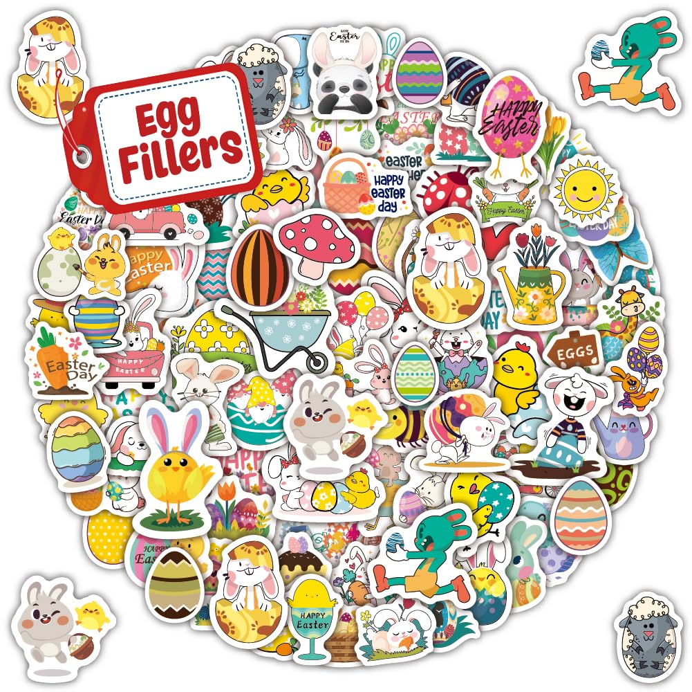 100Pcs Easter Stickers for Kids, Bunny Stickers Vinyl Waterproof Stickers Pack, Easter Gifts for Kids - Easter Egg Fillers for Kids & Easter Basket Stuffers