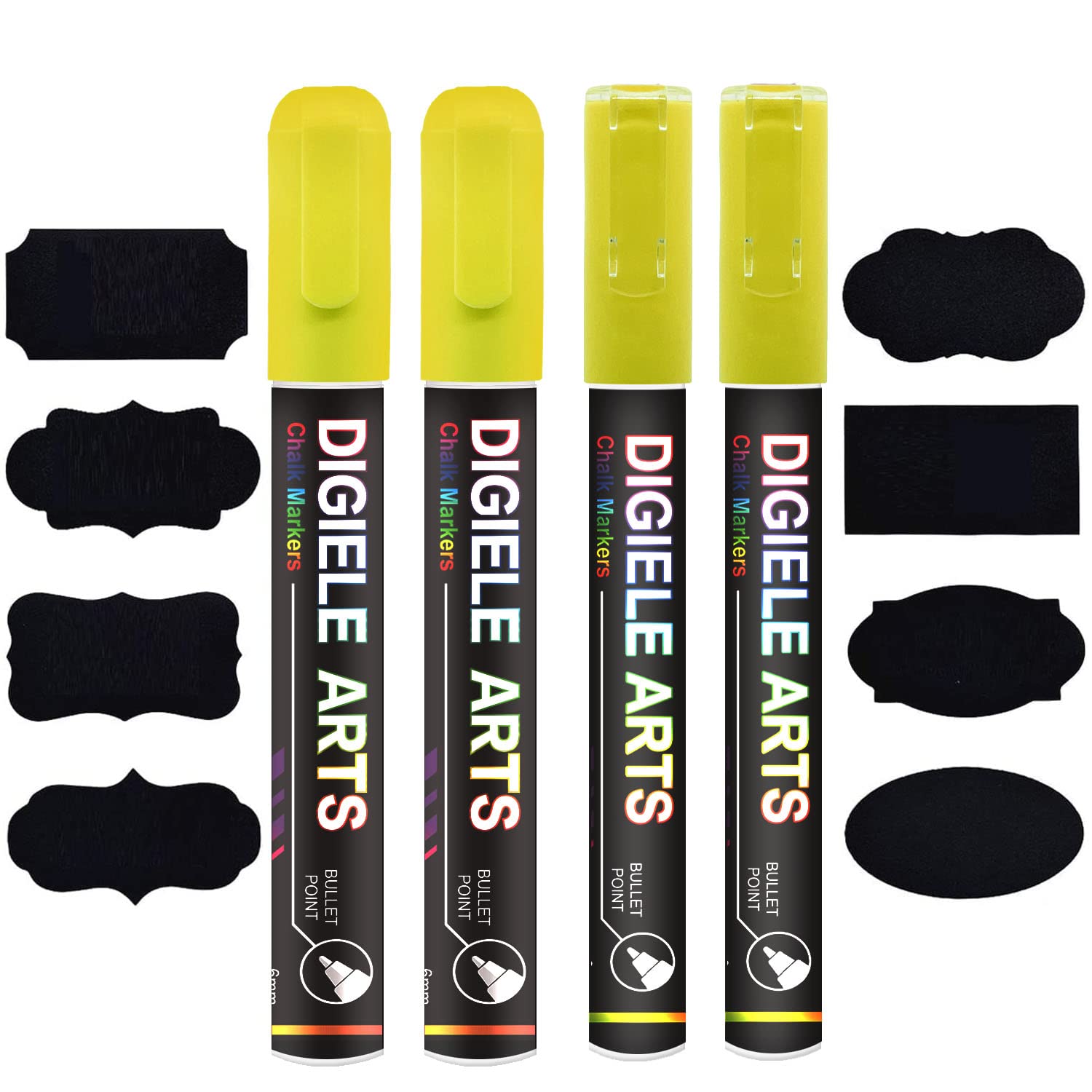 DIGIELE 2pcs 3mm & 6mm Yellow Chalk Markers Set, Reversible Bullet/Chisel Tip, Dry/Wet Wipe Erase, 4 Pens + 16 Chalkboard Labels