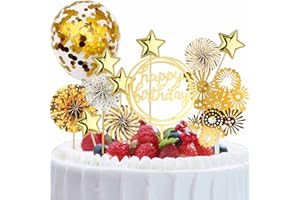 YUNTOP Cake Topper Decoration Set Acrylic Glitter Happy Birthday Cake Topper with Confetti Balloon Paper Fans Stars Firework Cupcake Toppers for Gold Theme Decor Girl Women Birthday Party Supplies (Gold)