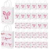 FACULX 50 Pcs Coquette Pink Bow Paper Gift Bags, Pink Coquette Bowknot Party Favor Bags for Birthday&Bachelorette Party Decoration, Bow Gift Pouches with Handles 8.3x5.9x3.1 Inch